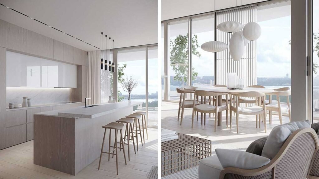 Cocina moderna y salón elegantemente decorado en ONE Park Tower, Miami | LUZ ANGELA AGREDO - Agente Inmobiliaria en Florida