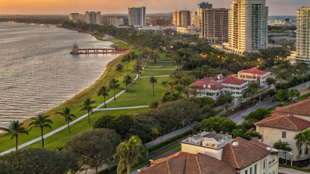 Vista aérea de Palm Beach con casas de lujo junto al mar
