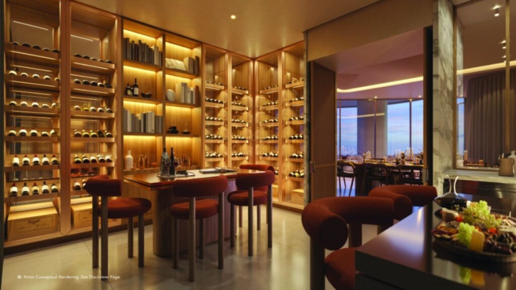 Sala moderna con bar elegante en The Residences Mandarin Oriental Miami.