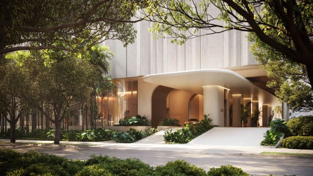 Acceso principal al lobby de The Residences At 1428 Brickell con diseño elegante y moderno.