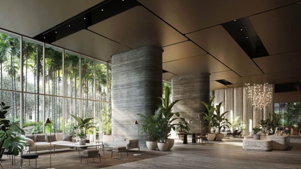 Interior del lobby de The Residences At 1428 Brickell con diseño moderno y acogedor.