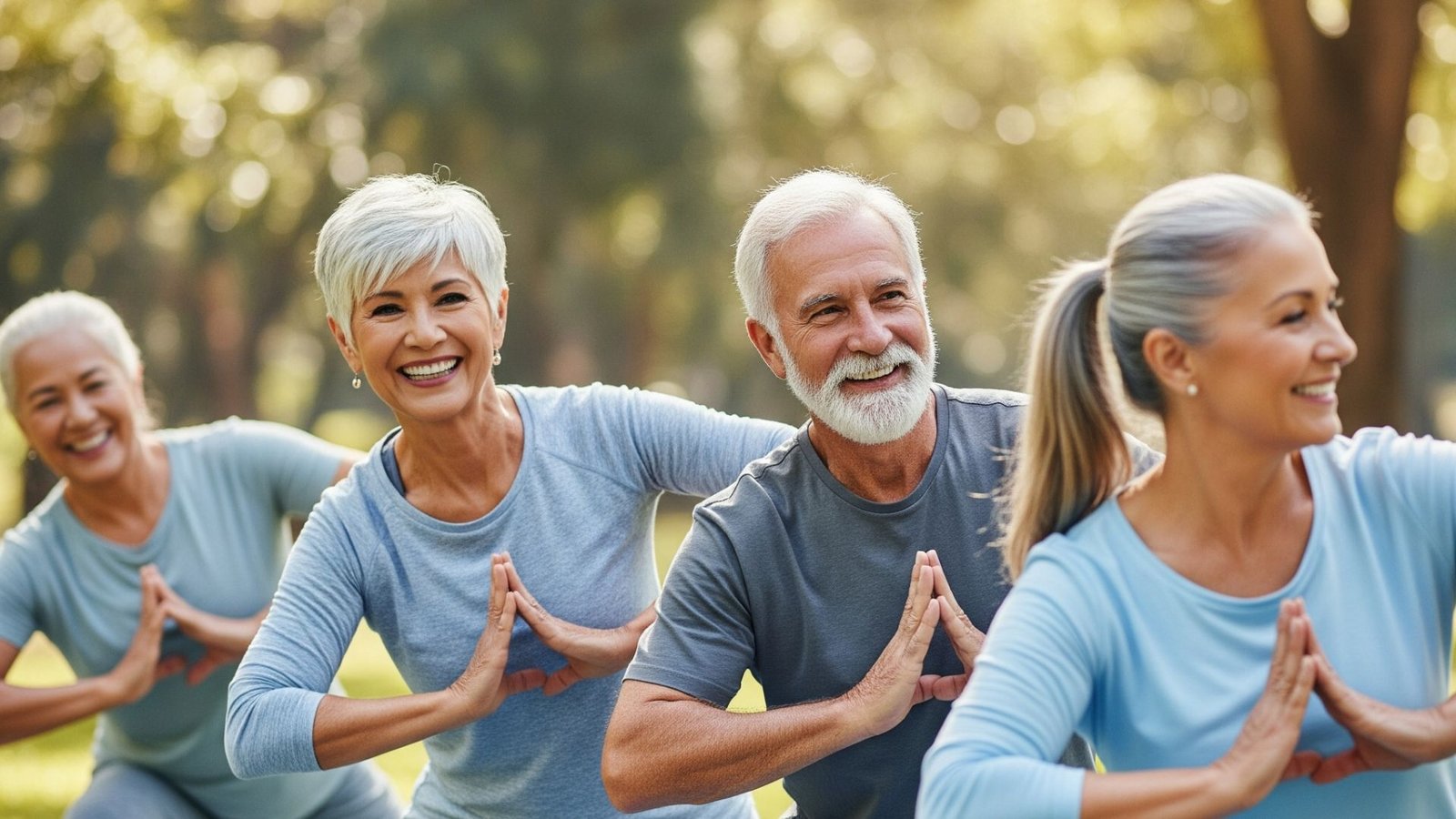 Grupo de adultos mayores disfrutando de actividades al aire libre en la playa de Palm Beach, Florida, promoviendo salud y bienestar.