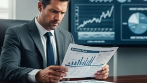 Consejos y Tendencias en Bienes Raíces en Florida | LUZ ANGELA AGREDO - Agente Inmobiliaria en Florida 3 Un empresario revisa un plan de negocios con gráficos financieros, representando la planificación para crear una Corporación S.