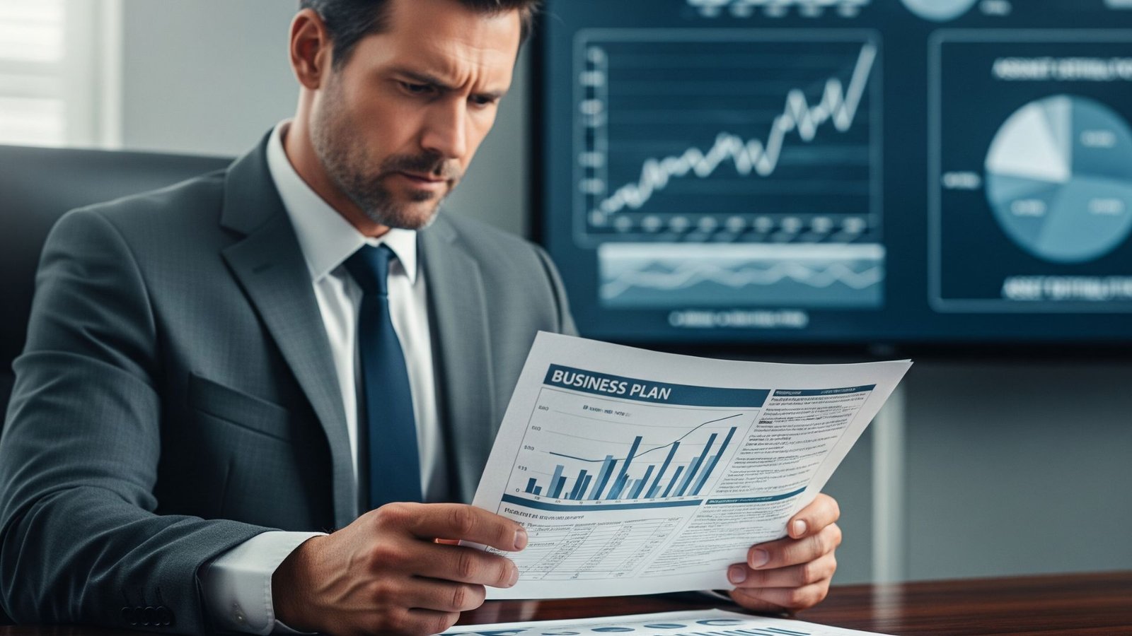 Un empresario revisa un plan de negocios con gráficos financieros, representando la planificación para crear una Corporación S.