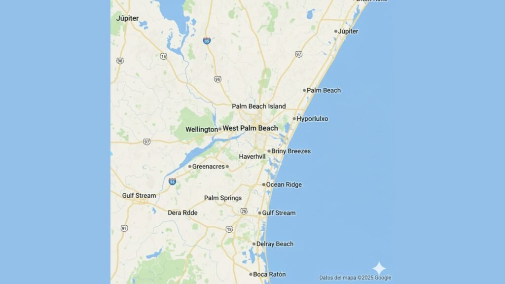Mapa geográfico de los mercados inmobiliarios en el Condado de Palm Beach, Florida. Muestra las ciudades clave: Júpiter, West Palm Beach, Wellington, Delray Beach y Boca Ratón.