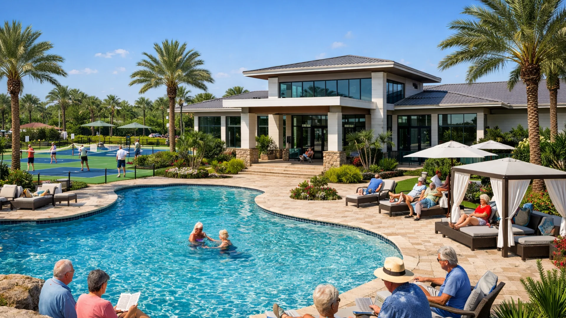 Casa club de lujo y piscina en comunidad para adultos activos en Florida.