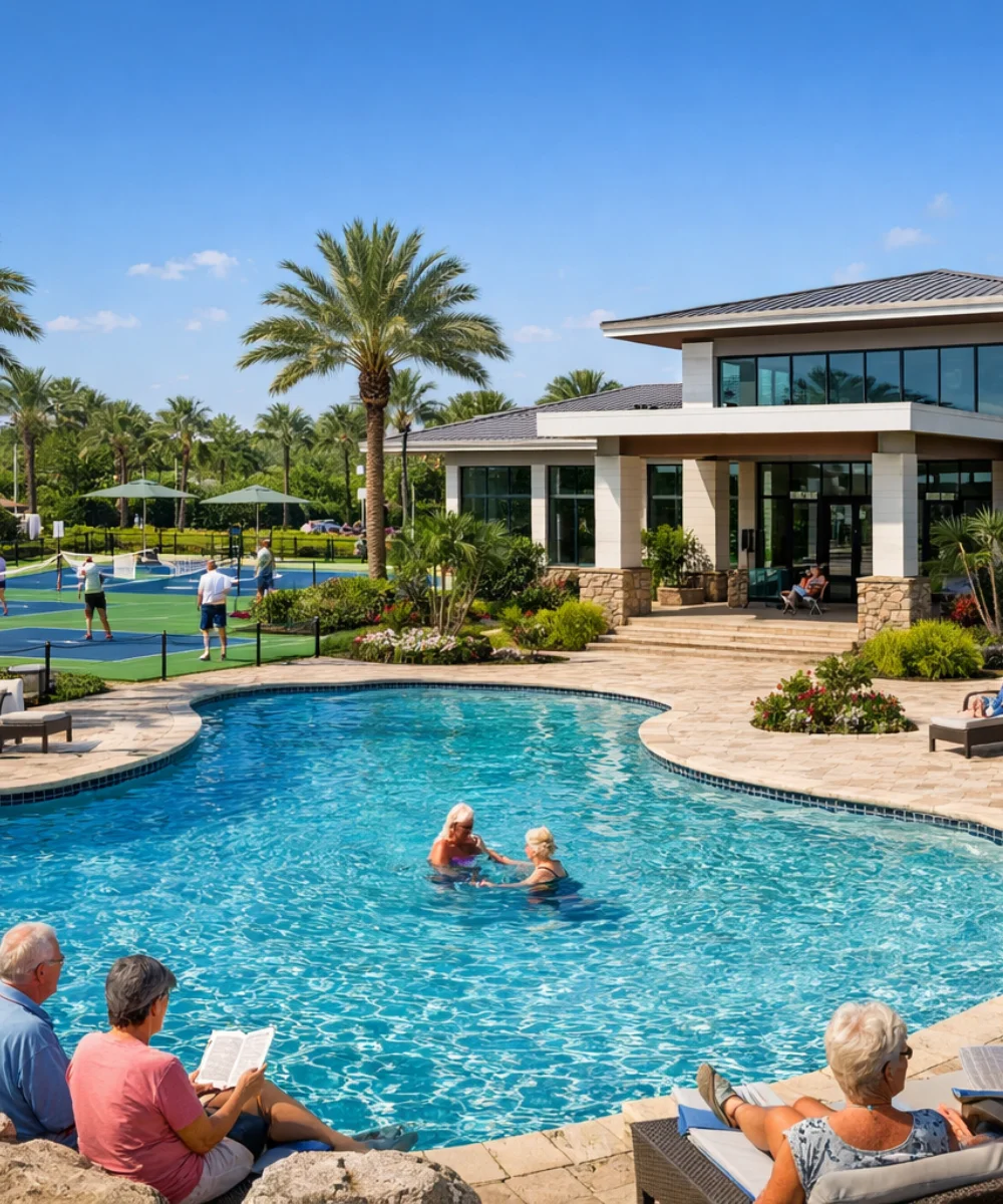 Residencia en comunidad privada para adultos con jardines en Florida.