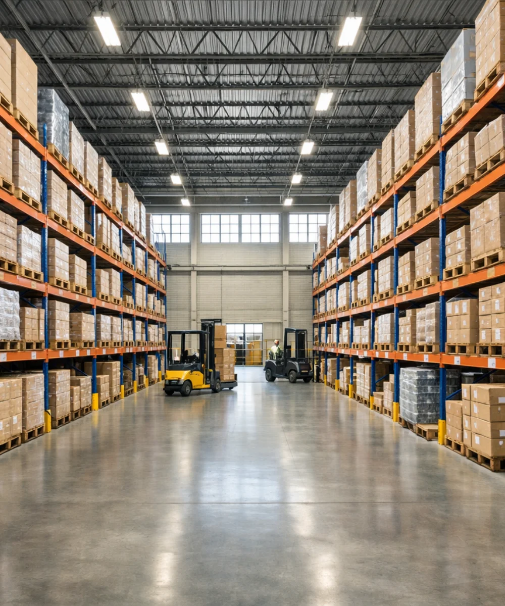 Interior de bodega logística en Florida con estanterías industriales y montacargas.