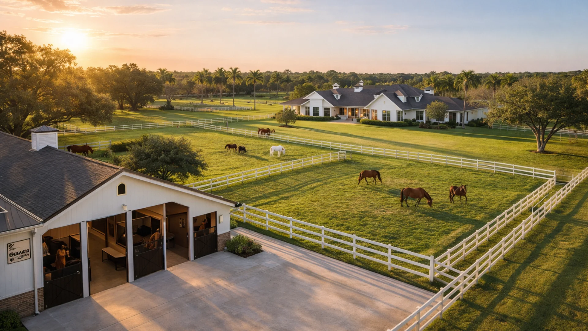 Finca ecuestre de lujo en Florida con caballerizas modernas y caballos en potreros.