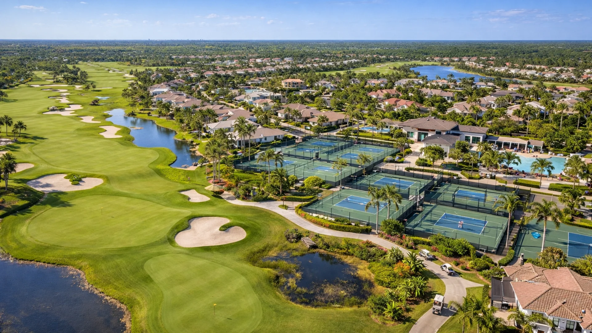 Vista aérea de comunidad residencial en Florida con canchas de tenis y campo de golf.