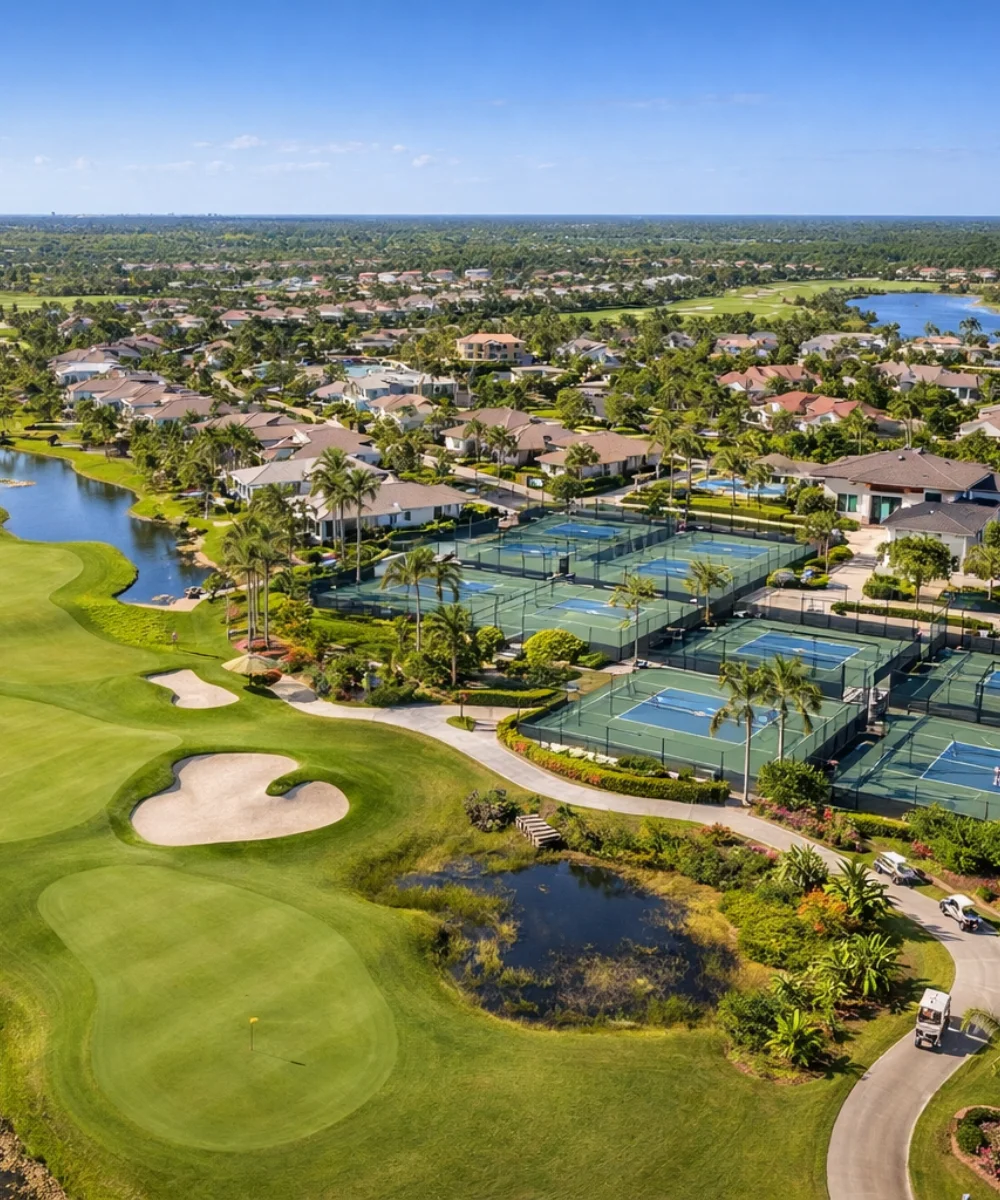 Cancha de tenis y áreas verdes en exclusiva comunidad de golf en Florida.