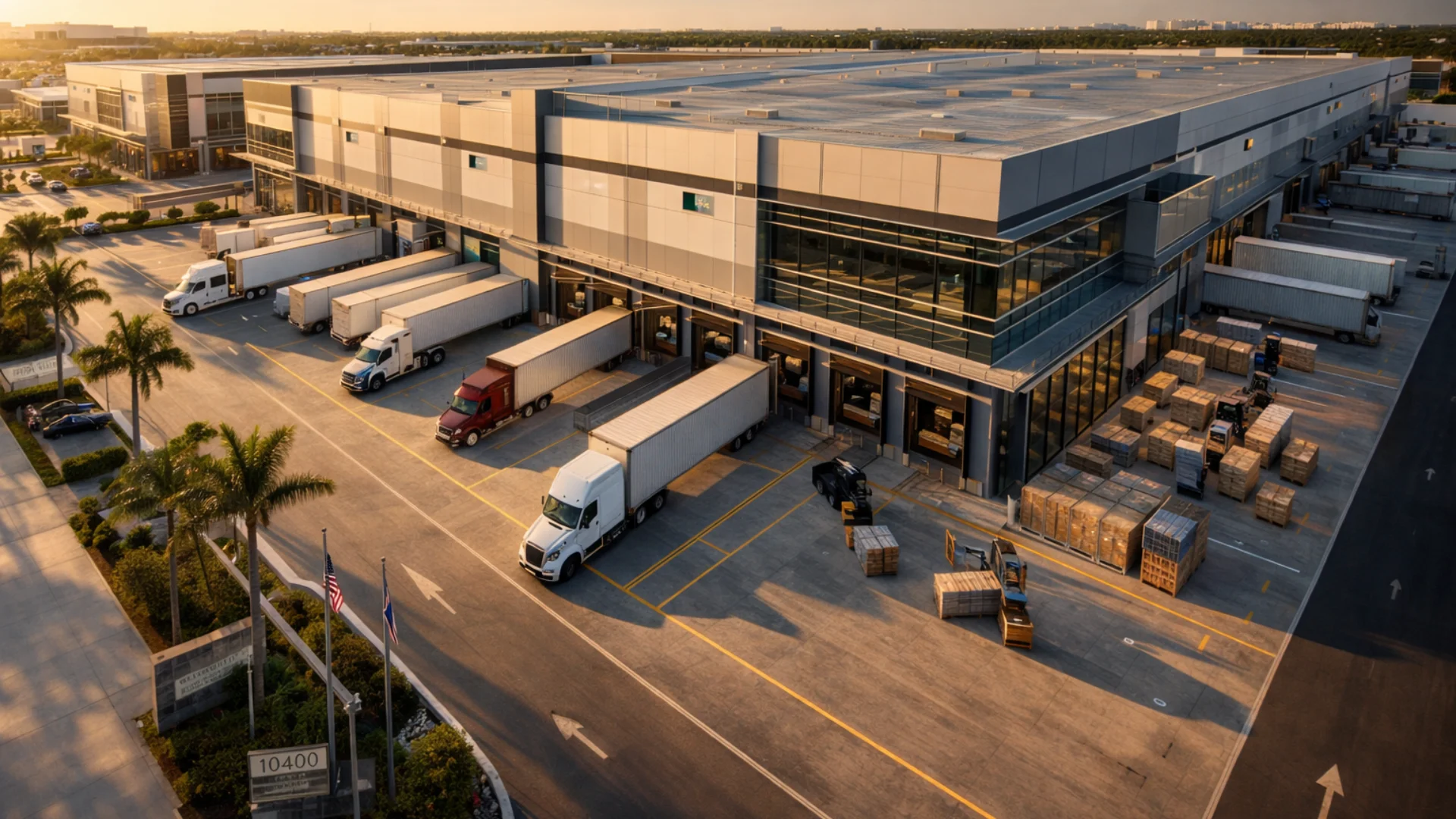 Fachada de complejo industrial moderno con muelles de carga en Florida para inversión.