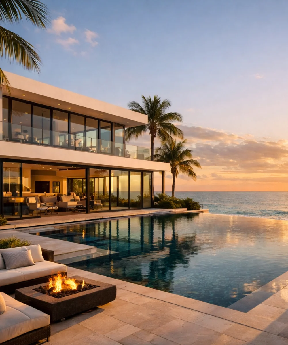 Residencia de lujo con acceso privado a la playa en Florida al atardecer.