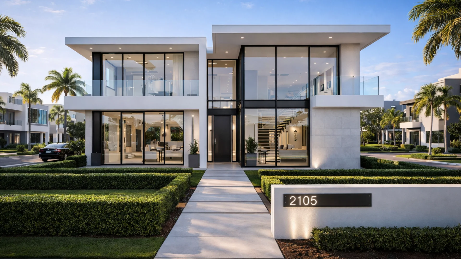 Fachada de casa moderna de nueva construcción en Florida con diseño minimalista.