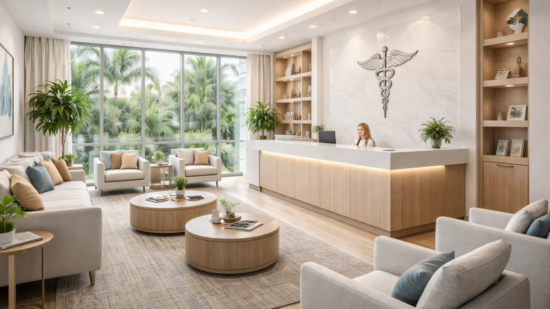 Recepción de oficina médica de lujo en Florida con diseño moderno y ventanales.