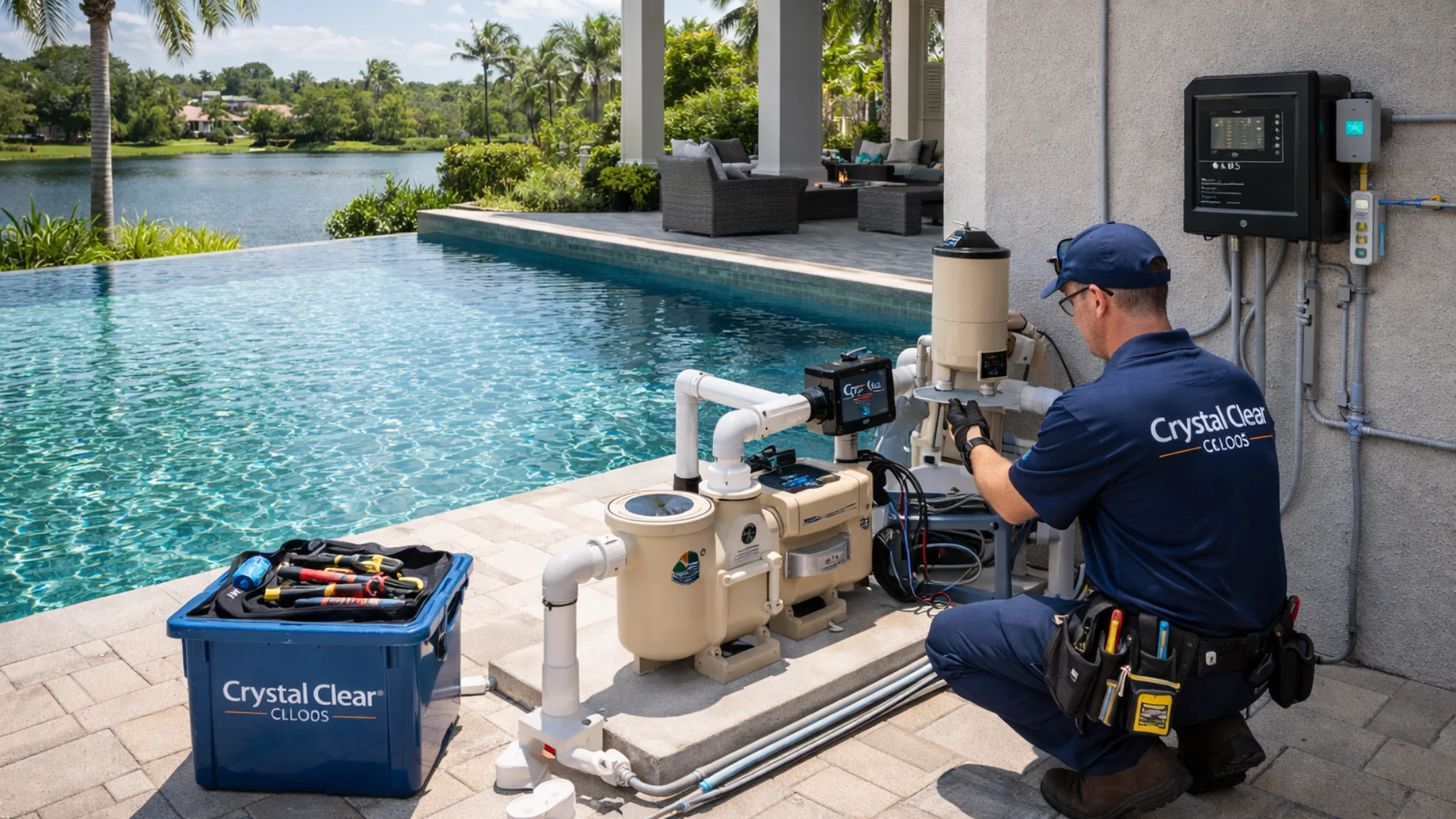 Inicio 6 Operario técnico realizando mantenimiento preventivo en sistema hidráulico de piscina.