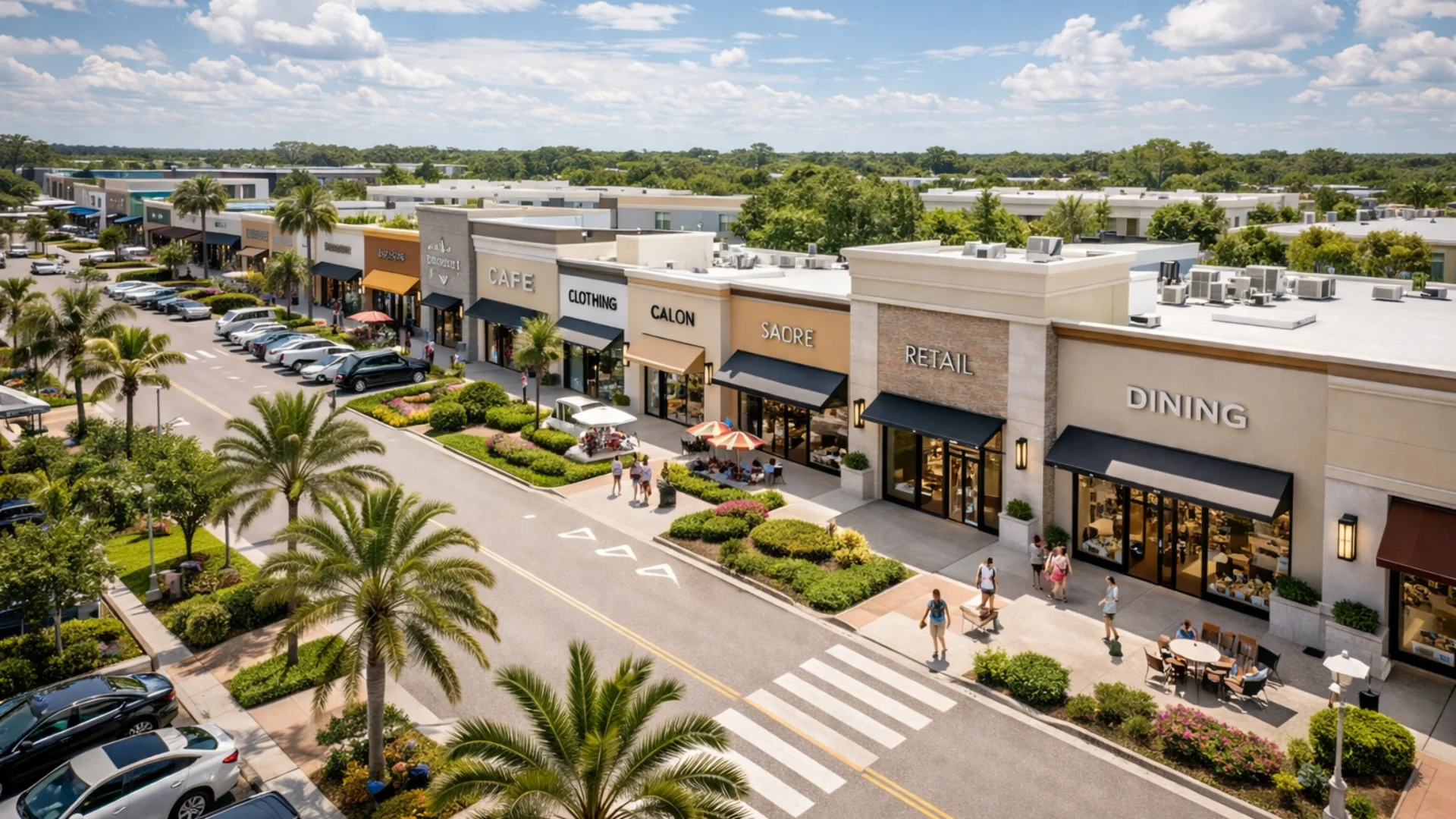 Vista aérea de plaza comercial en Florida con locales de retail y restaurantes.
