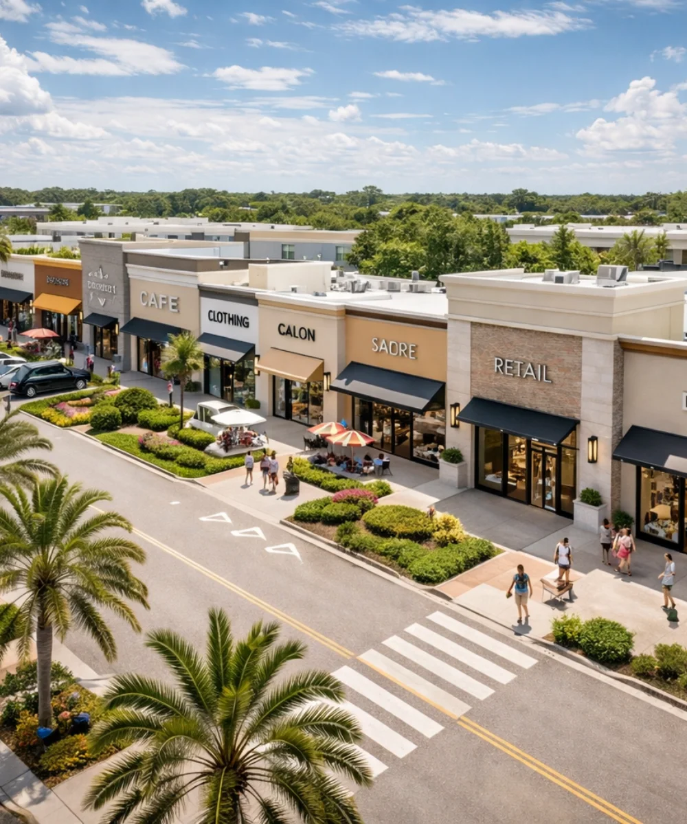 Fachada moderna de plaza comercial en Florida para inversores profesionales.