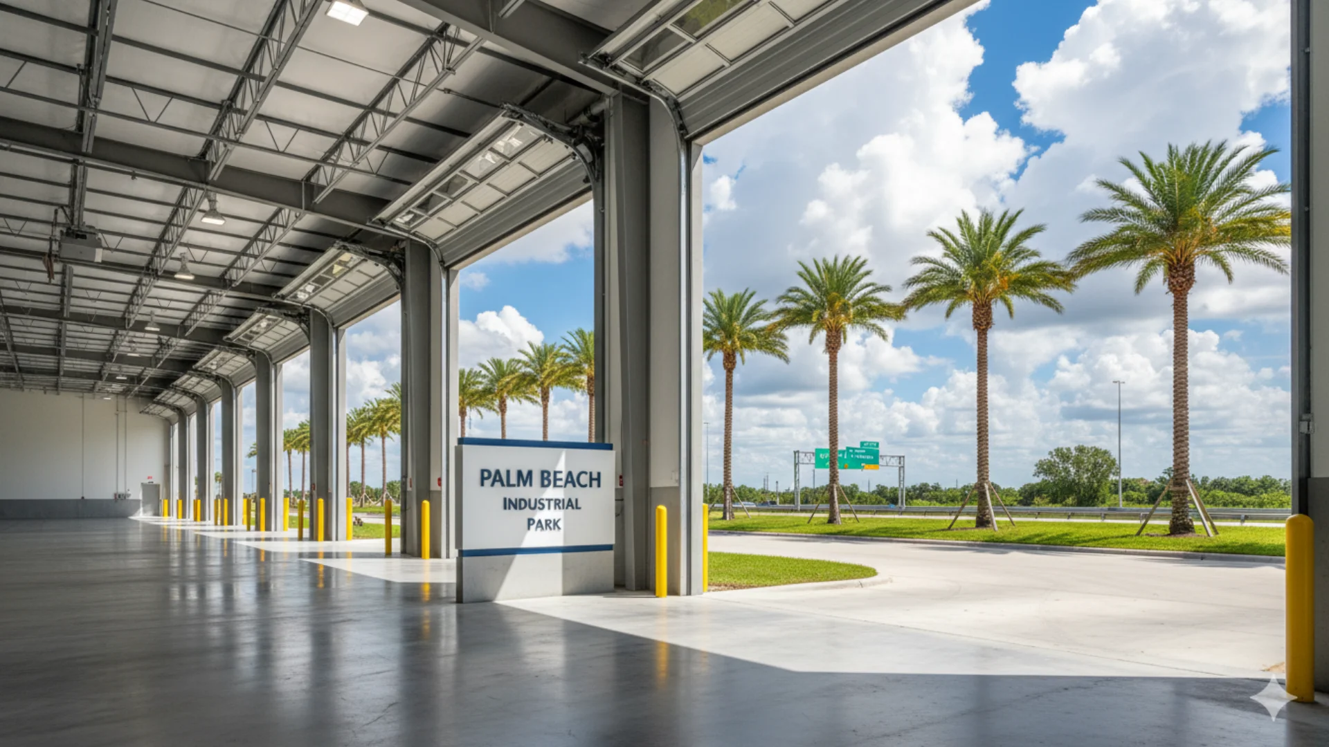Interior de bodega comercial moderna con vista a palmeras en Palm Beach Industrial Park, Florida.