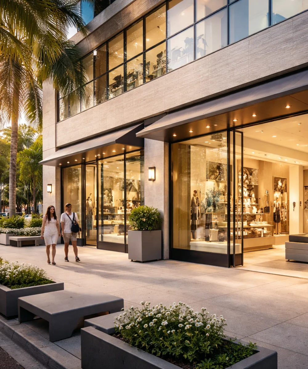 Entrada principal a local comercial retail en Florida con diseño contemporáneo.