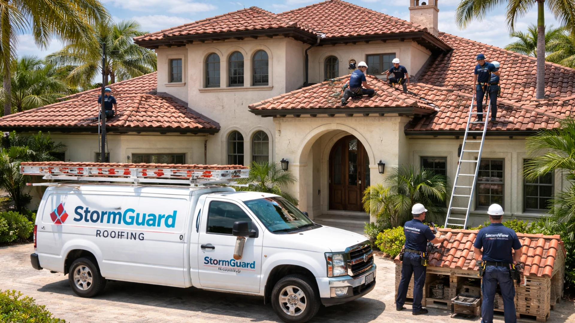 Inicio 7 Equipo de técnicos de StormGuard Roofing instalando tejas en residencia de Florida.