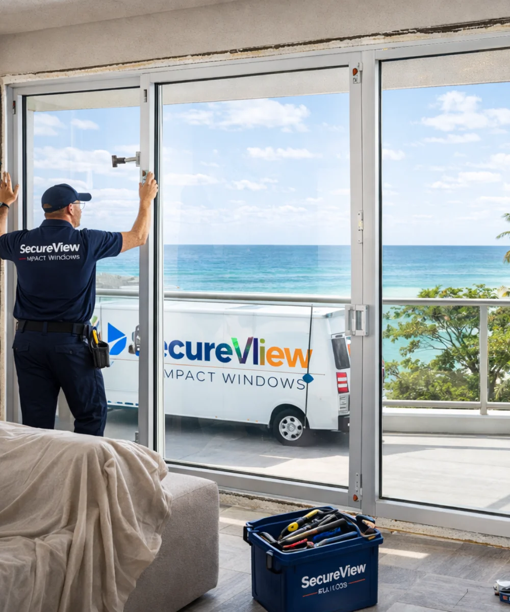 Inicio 14 Especialista técnico asegurando ventana de impacto frente al mar en Florida.