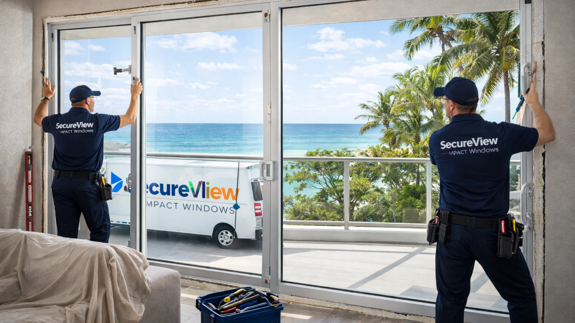 Inicio 8 Instaladores de SecureView colocando ventanas de impacto en una propiedad costera.