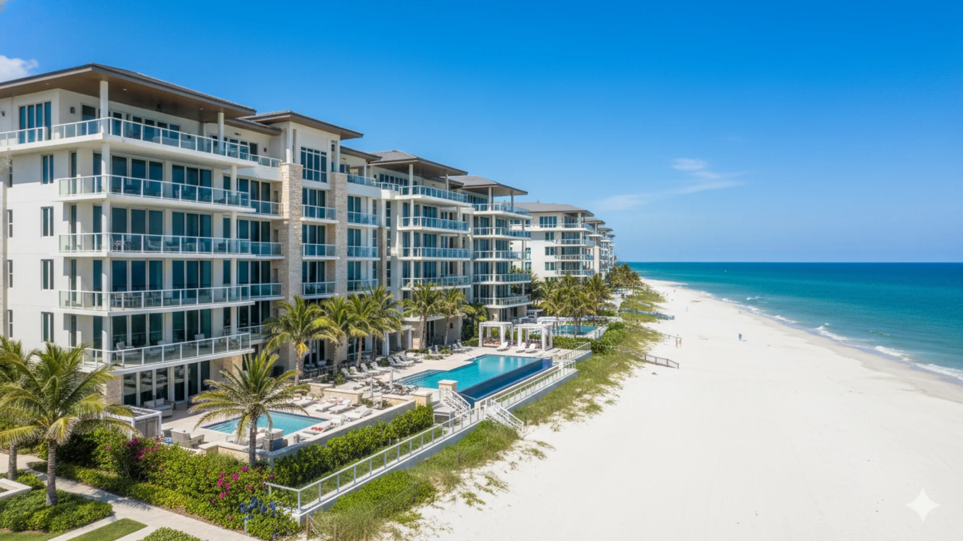 Edificios de condominios de lujo frente al mar en Ocean Ridge Florida con piscinas y acceso directo a la playa.