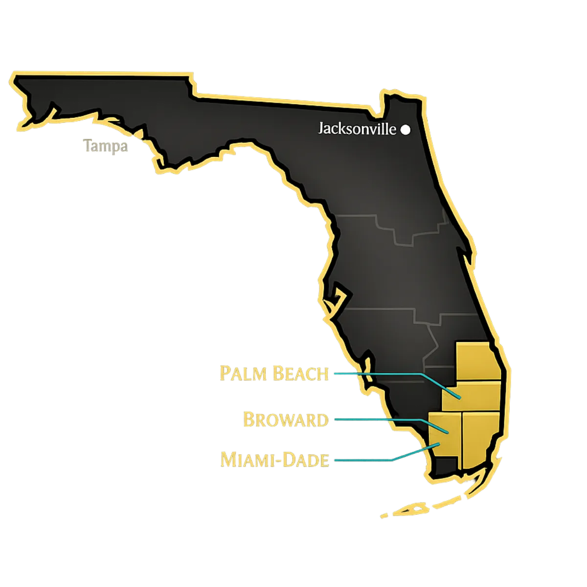 Mapa de cobertura de Florida destacando los condados de Palm Beach, Broward y Miami-Dade atendidos por Invertir USA.